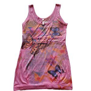Butterfly Print Pink Scoop Neck Tank Top Colorful Graphic Sleeveless Summer L